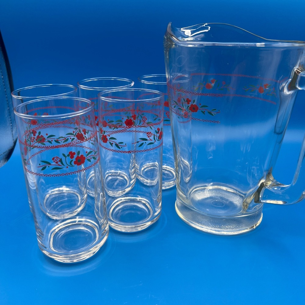 Vintage Glass Pitcher and 5 Tumbler Set Red Floral Vine Scallop Clear 6pc Set